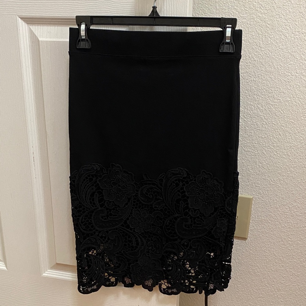 Haute Monde Black Pencil Skirt with Lace Detail